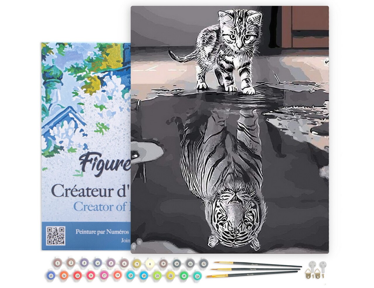 Figured'Art Paint by Numbers for Adults with Frame Kitten Reflective Tiger 16"x20" - Craft Art Painting DIY Kit Canvas Already Stretched on a Wooden Frame